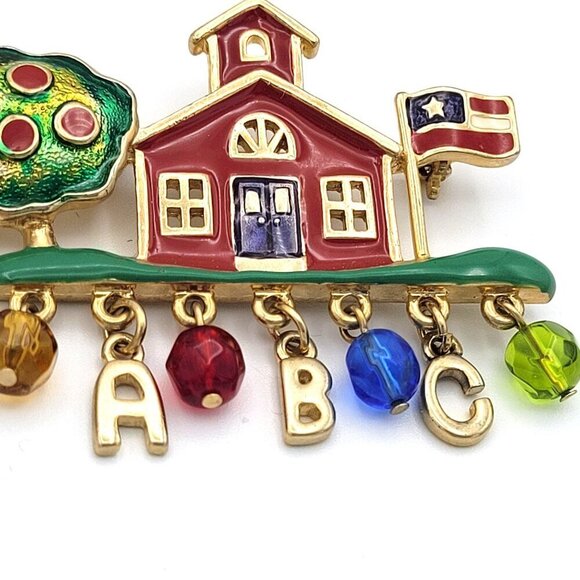 Schoolhouse Brooch With ABC & Beads Enameled Metal Multicolor Pin Closure 2in - Picture 3 of 4